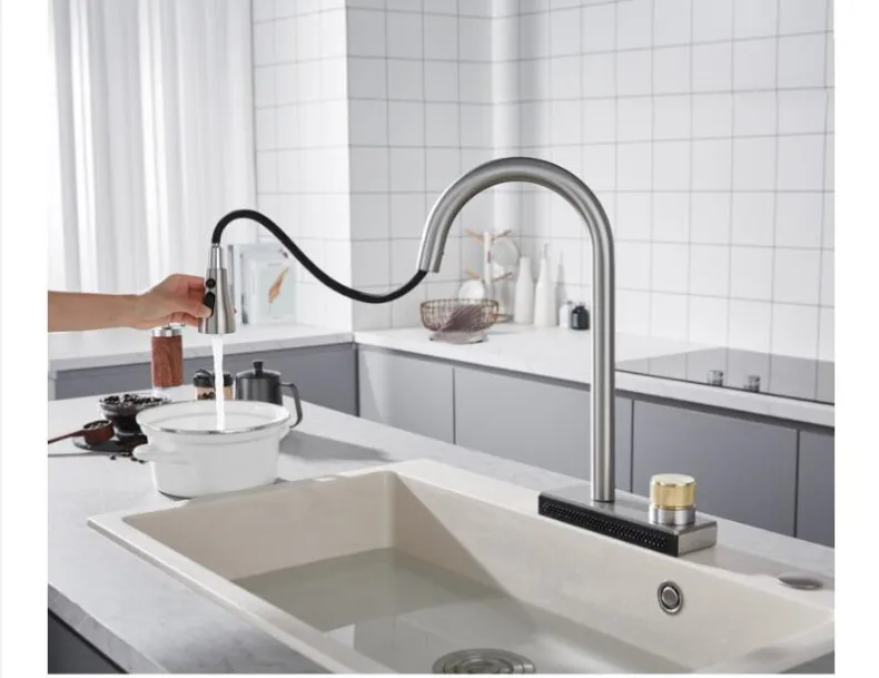 Big Waterfall Grey Kitchen Faucet Flexible Connections Durable Free