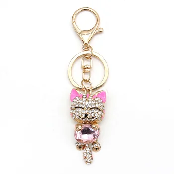 Lucky Smile Cat Pink Crystal Rhinestone Keyrings Key Chains Holder Purse Bag Decorative for Gift