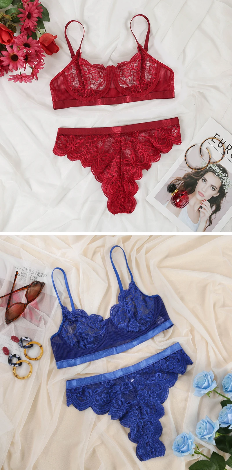 Factory Price Sexy Women Transparent Underwire Erotic 2 Piece Lace Set