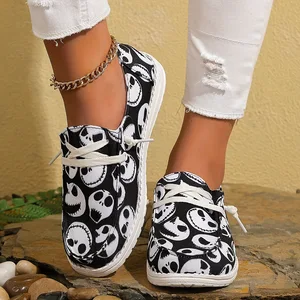 Skull Halloween Autumn Fashion Trend Casual Slip-On Canvas Upper Adjustable Strap Sneakers Women's Lazy Shoes