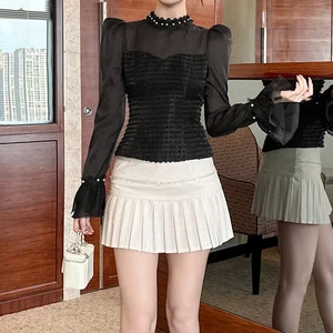 ZYHT 11690 Women Blouse Black Sheer Mesh Blouse with Pearl-Trimmed Mock Neck & Puff Sleeves Textured Bodice & Flared Cuffs