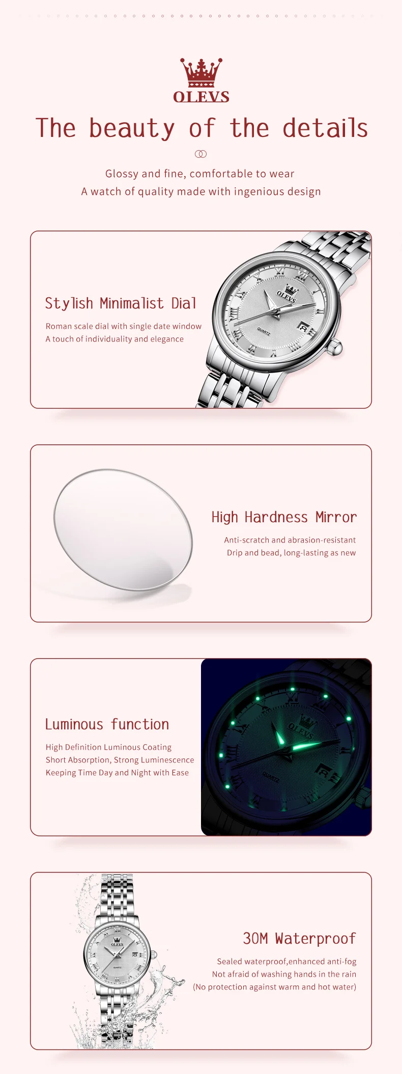 OLEVS 5611 Women's Watches Elegant Fashion Original Quartz Watch for Lady Roman Dial Waterproof Stainless Steel Luminous Watches