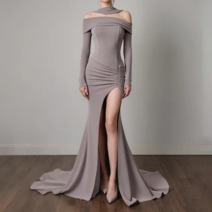 ZYHT 73912 Floor Length High Slit Evening Dress One Shoulder Dark Purple Dusty Pink Boning Corset Ruched Strap Evening Gown