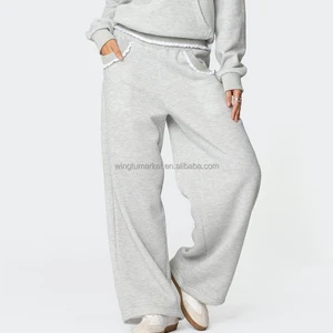 Wholesale Pants Grey Wide Leg Sweatpants Sweet Ruffle Lace Trim Detail Women Joggers