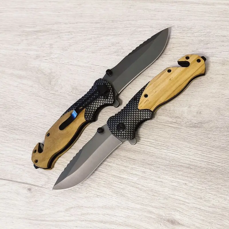 Custom Logo Wood Handle Knives Folding Pocket Titanium Coated Survival