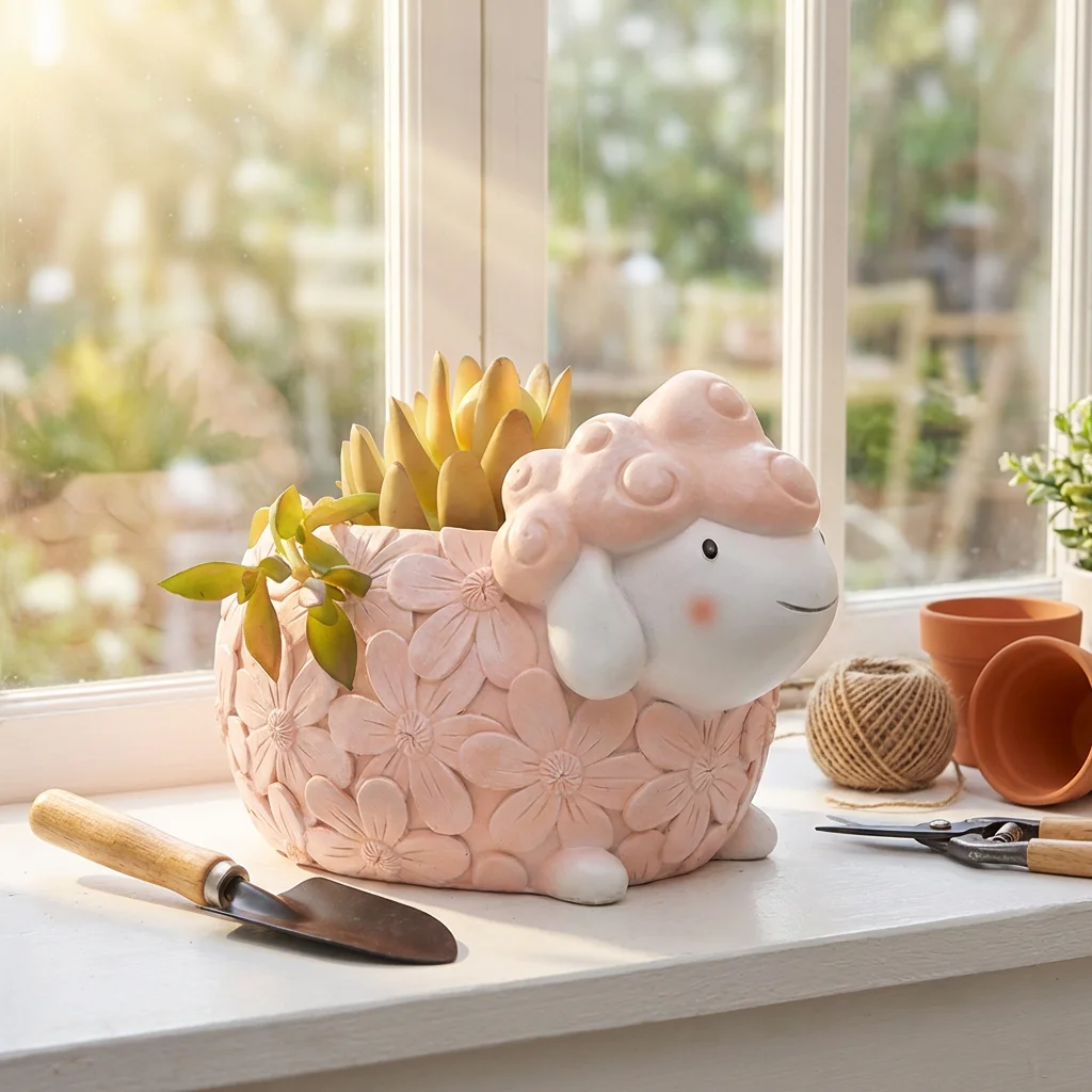 Roogo Wholesale Indoor Resin Animal Design Garden Planters Sheep Fish Pig  Succulent Flower Pot Desktop Decorative Planter