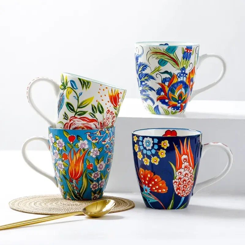 Wholesale Bone China Ceramic Mug Porcelain Coffee Cup with Custom Pattern Full Floral Design with Handle