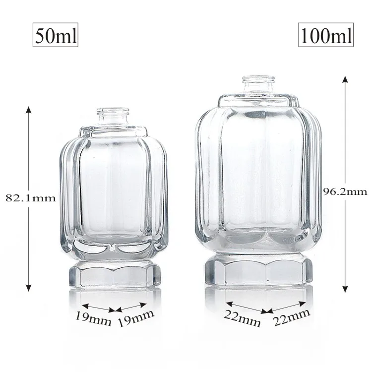 Luxury 50ml 100ml Polygon clear Empty Thick Bottom Dubai Perfume Glass Bottle  with Crimp Sprayer Crown Zamac Lid