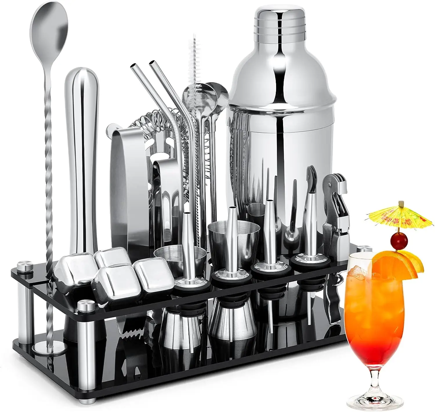 18-Piece 23-Piece Weighted Boston Shaker Set Stainless Steel Classic Eco-Friendly Cocktail Shaker Bamboo Stand Premium Bar Tool with Custom Logo