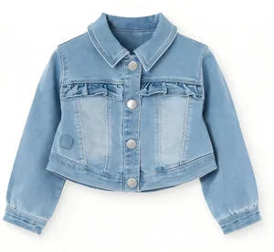 Autumn Custom Design Girls' Casual Jeans Jacket with Frill Sleeve Flower Edge Solid Pattern Washed Techniques Long Length