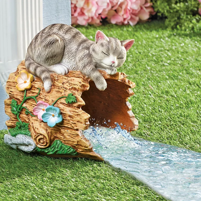 Resin Hollow Tree Stump with Curious Kitty Cat and Frog Gutter Downspout Statue