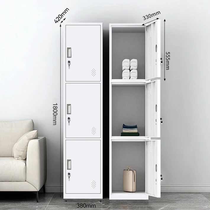 White Steel Three Door Locker for Gym, Office, and School Storage