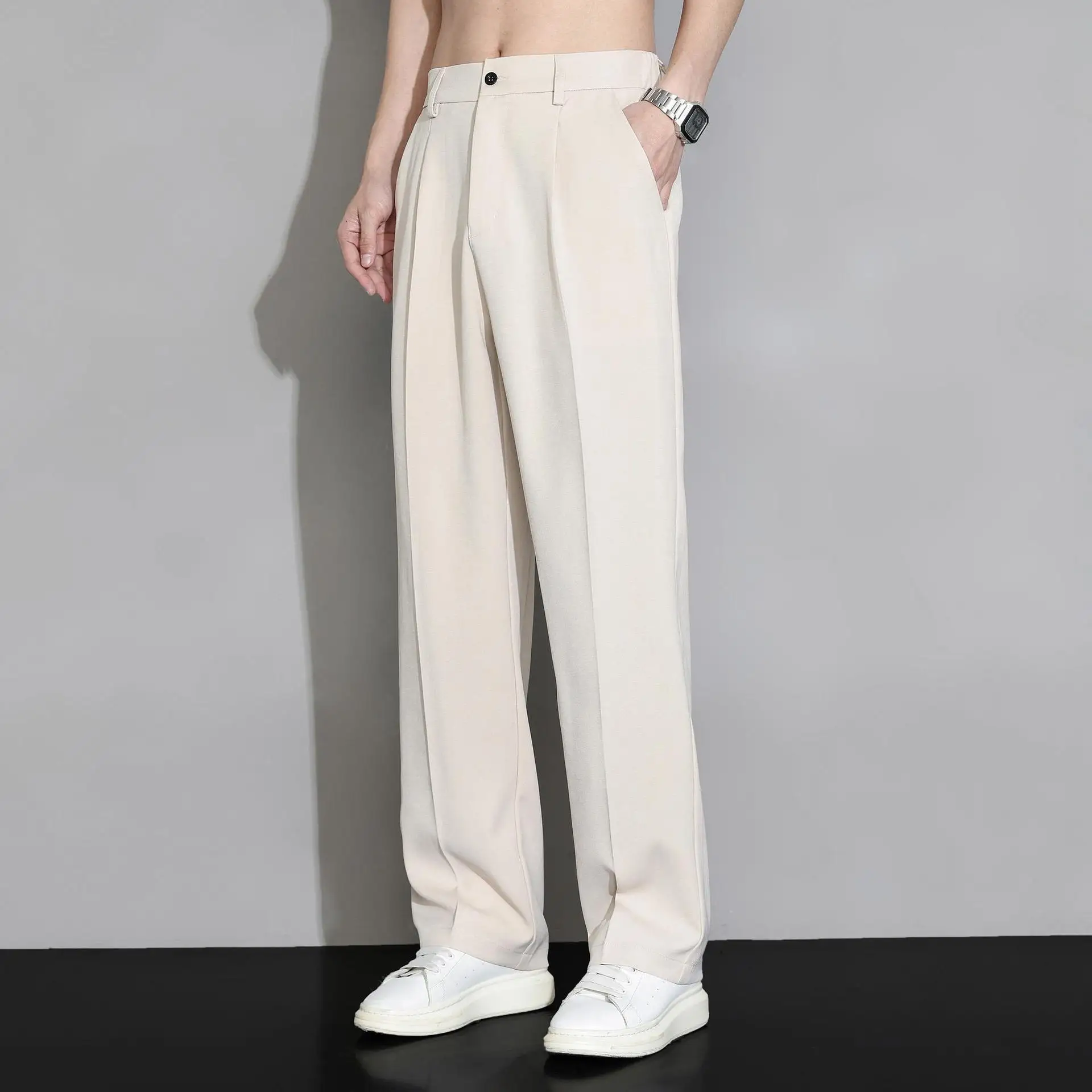 Men's Summer Thin Ice Silk Casual Dress Pants - Wide Leg Straight Trousers,  Breathable & Stylish. Perfect for Business Wear.