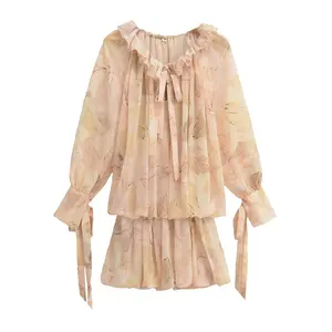 European American Women's Spring Summer New Vintage Sweet Floral Chiffon Printed V-neck Long Sleeve Mini Skirt High Waist Lace