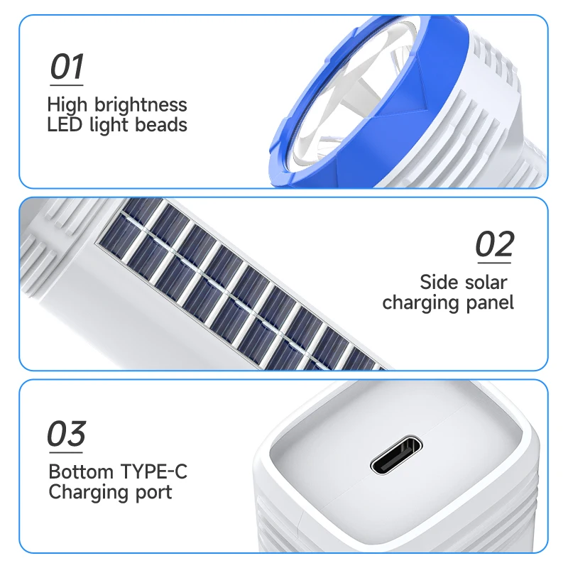 Solar Panel Charging LED Flashlight Torch Light Rechargeable Battery for Emergency Home Camping