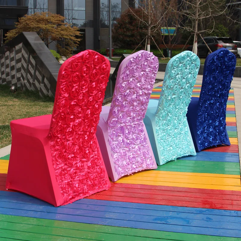 Custom Cheap High Quality White Rosette Flower Universal Satin Wedding Chair Cover For Banquet