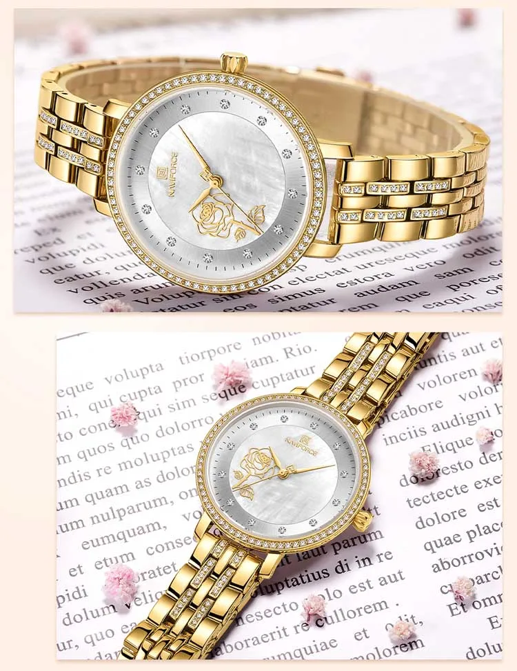 Naviforce NF5017 Elegant China Lady Quartz Watch Stylish Stainless Steel Band Waterprooffloral Design Simple Casual Wristwatch
