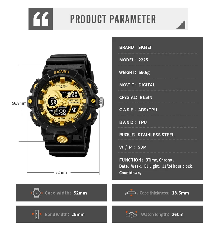 Skmei 2225 Classic Countdown Timer Waterproof Cold Light Led Sport Watch Analog Digital Plastic Watches