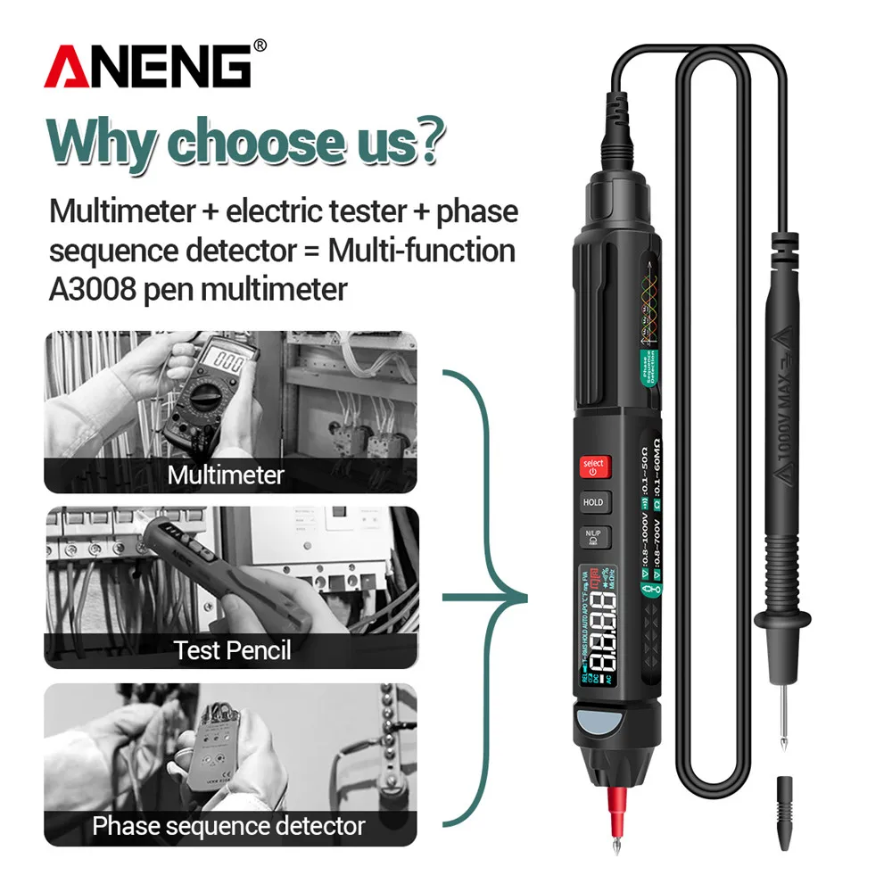ANENG A3008 Digital Multimeter Auto Intelligent Sensor Pen Tester 6000 Counts Non Contact Voltage Meter Multimeter  Polimetro