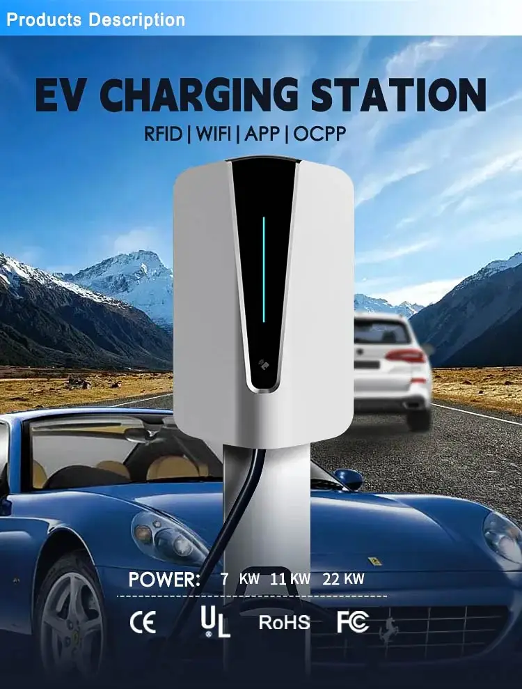 Type 2 16A 32A 7KW 11KW 22KW EV Charger Screen Display Adjustable Current Wallbox EV Charger for car factory
