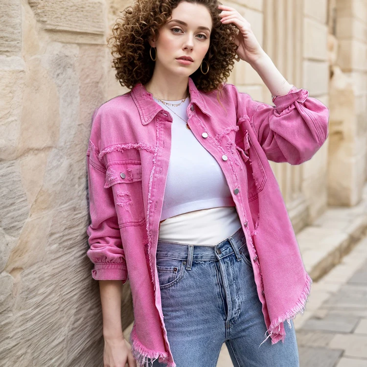 Топтап сатылатын, ұзын жеңді джинс үстіңгі киімі, әйелдерге арналған тесіктері мен жыртылған жерлері бар джинс жакеті, пальто, әйелдерге арналған блузалар, әйелдерге арналған пальто.