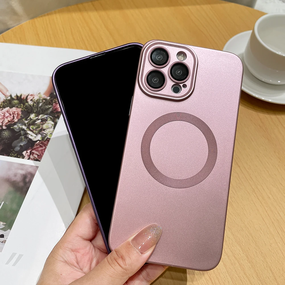 Luxury Phone Cover CD pattern anti-fingerprint metal paint magnetic soft case lens (with tail) iPhone 14 Pro Max rose pink HWC09