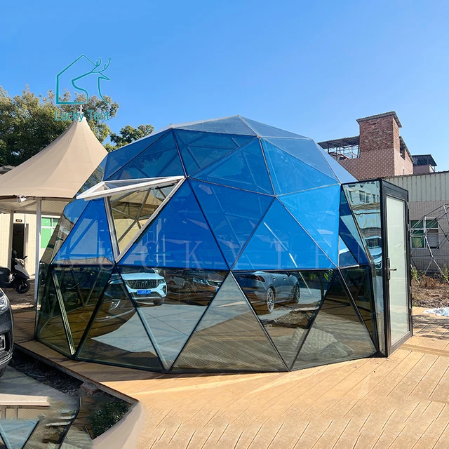6m 7m Geodesic Glass Dome House Glamping Tent With Coated Mirror Tempered Glass for Resort Hotel