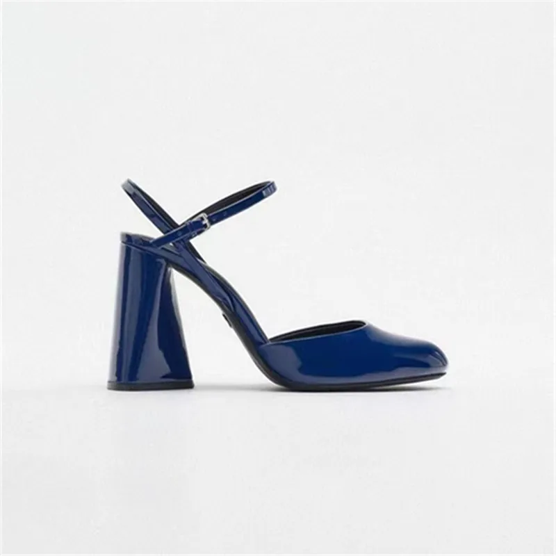 Elegant Spring Ladies Shoes Blue Patent Leather Round Toe Thick Heel Slingback Block Heels For Women Mary Jane Pumps - Image 6