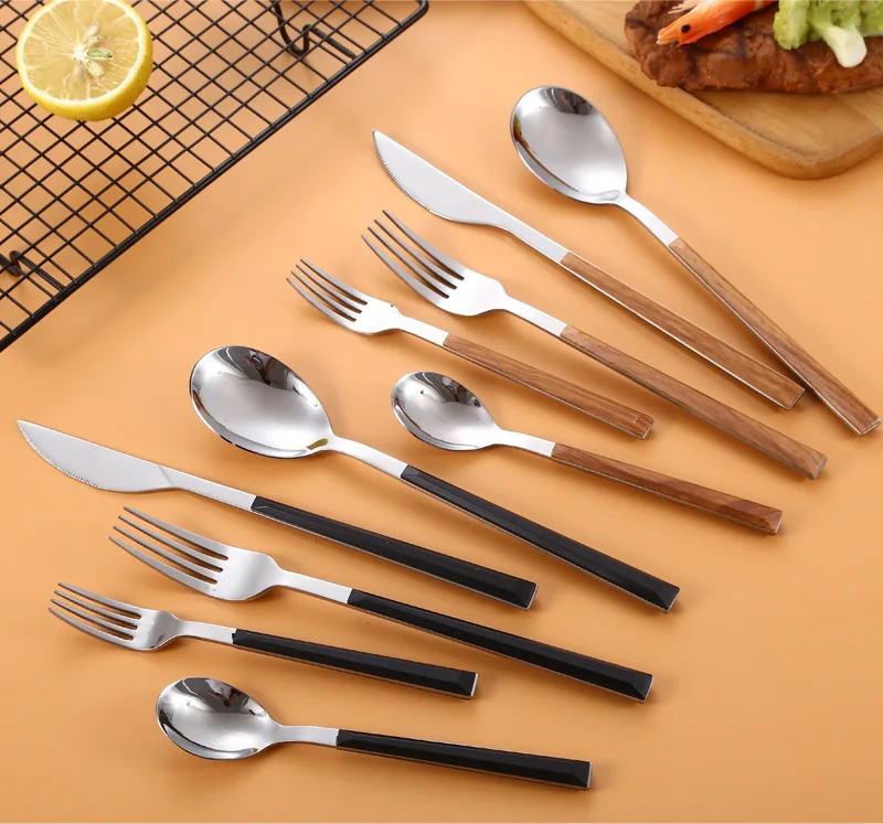 High Quality Wood Clip Handle Stainless Steel Flatware Set Knife Fork Spoon Silverware Restaurant Cutlery Set