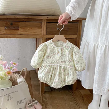 Ins Newborn Baby Clothes Girl 2026 Spring Korean Style Floral Cotton Baby Romper with Lace Collar Long Sleeve Princess Jumpsuit