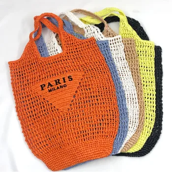 Luxury Catalog Designer Raffia Straw Bag With Triangle Correct Logo Summer Beach Tote Bag Woven Purse Shopping Handbags
