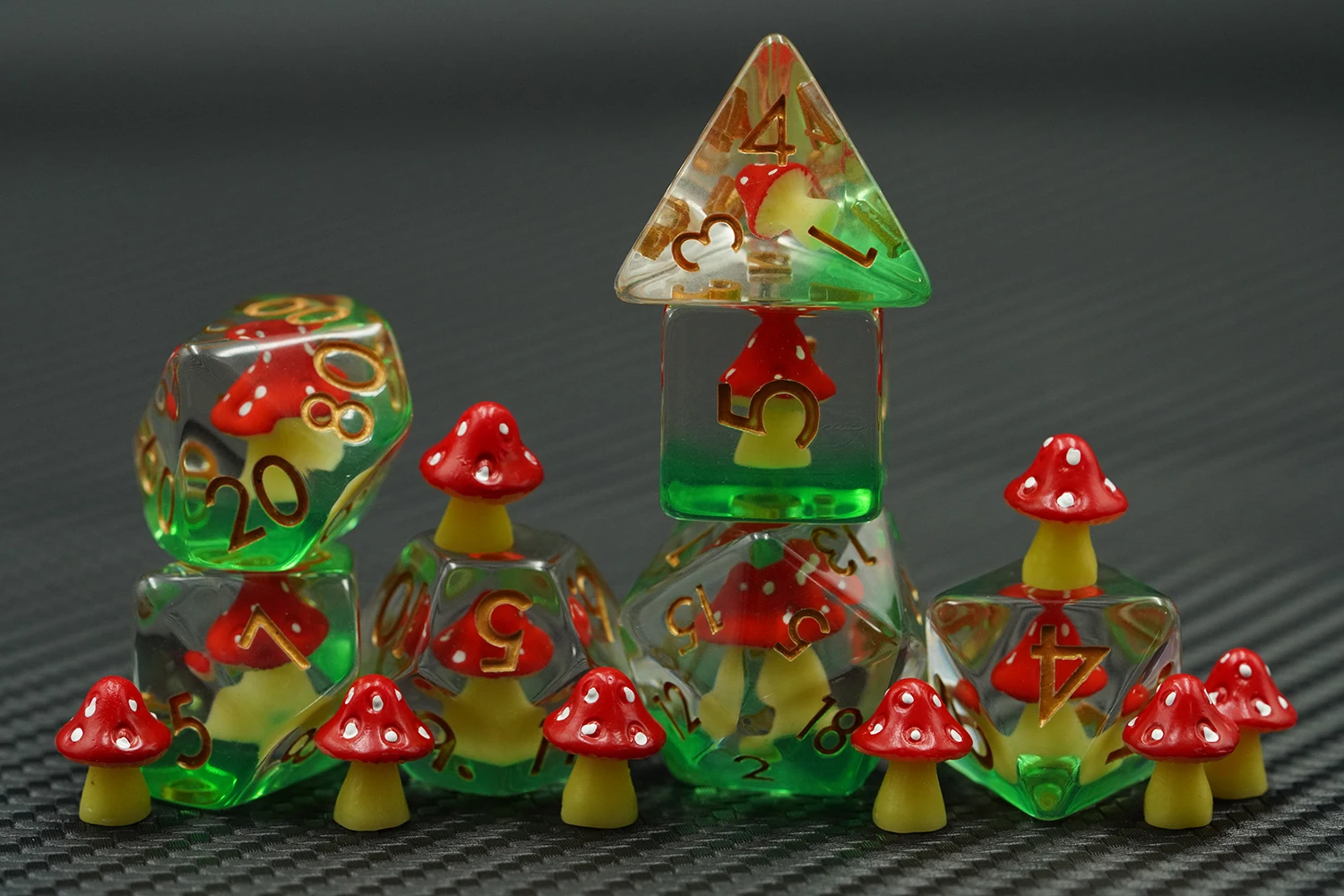 Custom 16mm Polyhedral Resin RPG & DND Dice Set Red Mushroom with Gold Number for Game Standard Size details