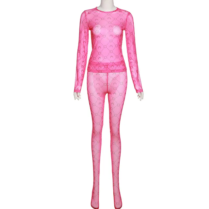 2022 Mesh See Through Slim Two Piece Sets Long Sleeve O Neck Top Pants Sexy Summer Womens 2 Piece Sets