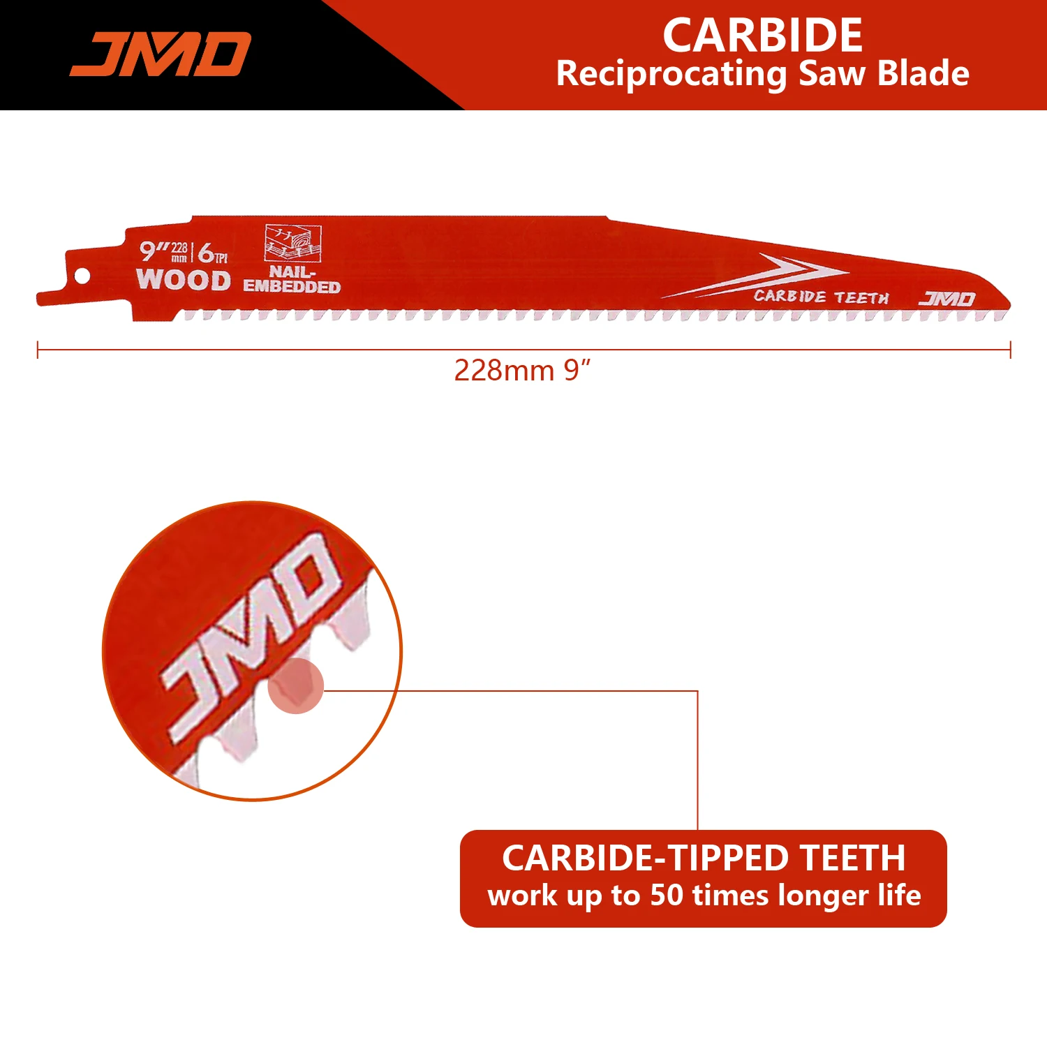 JMD Carbide Reciprocating Saw Blade 9INCH 6TPI HCS Tool Reciprocating Saw Blades Carbide Saw Blade