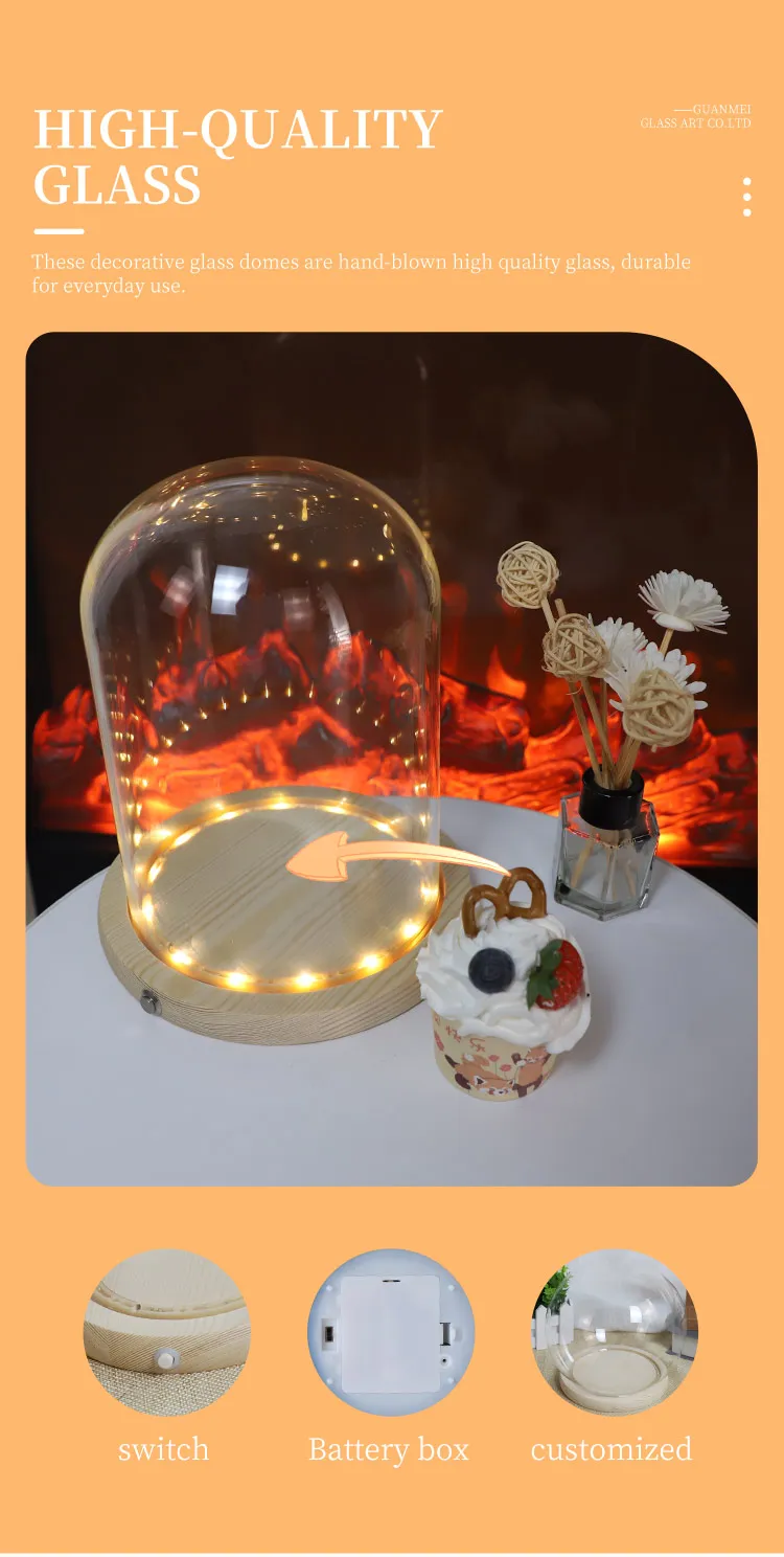 Handmade tabletop display round dome cloche with wooden led lights  Bell Jar Ornaments wholesale manufacture