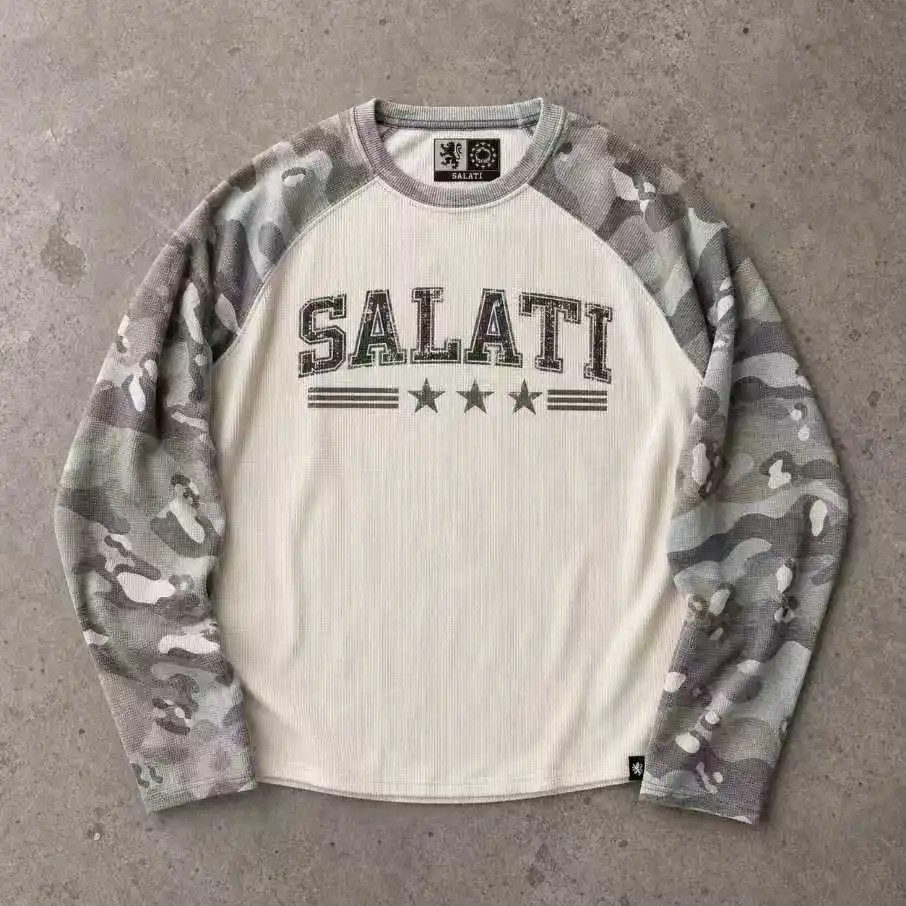 OEM Custom Camouflage Sleeve T Shirt for Men Contrast Raglan Ribbed Body Streetwear Y2K Casual Fashion Men Long Sleeve T Shirt gallery 3