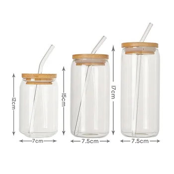 Beer Can Shaped Glass Custom Print Clear 16oz 20oz Drinking Coffee Beer Glass Can Tumbler Cups with plastic lid and Glass Straw