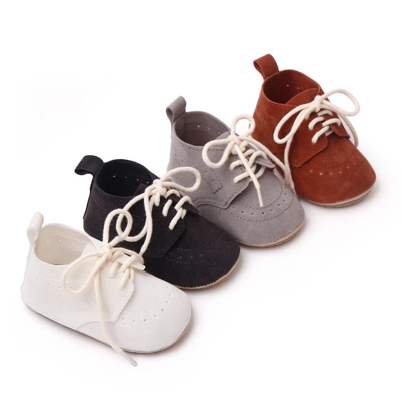 British Style Solid Color Sanded Leather Baby Non-slip Bow Front Lace-up Toddler Shoes