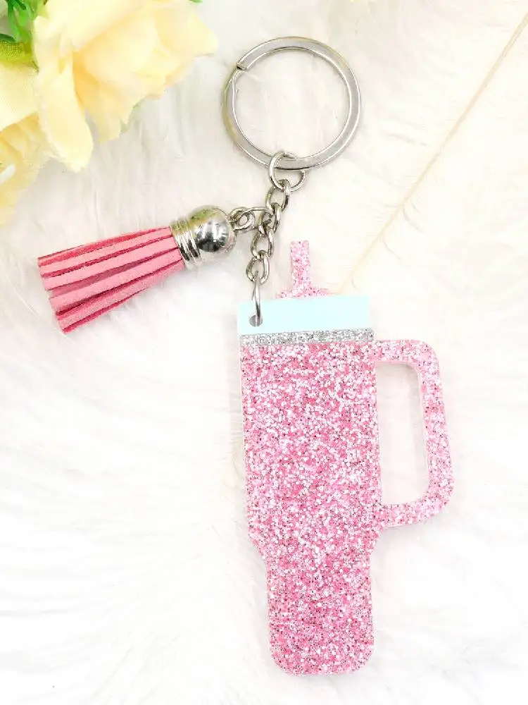 KH1345 Handmade Girl's Pink Shiny Acrylic Tumbling Cup Keychain with Long Chain UV Printed Gift Keychain supplier