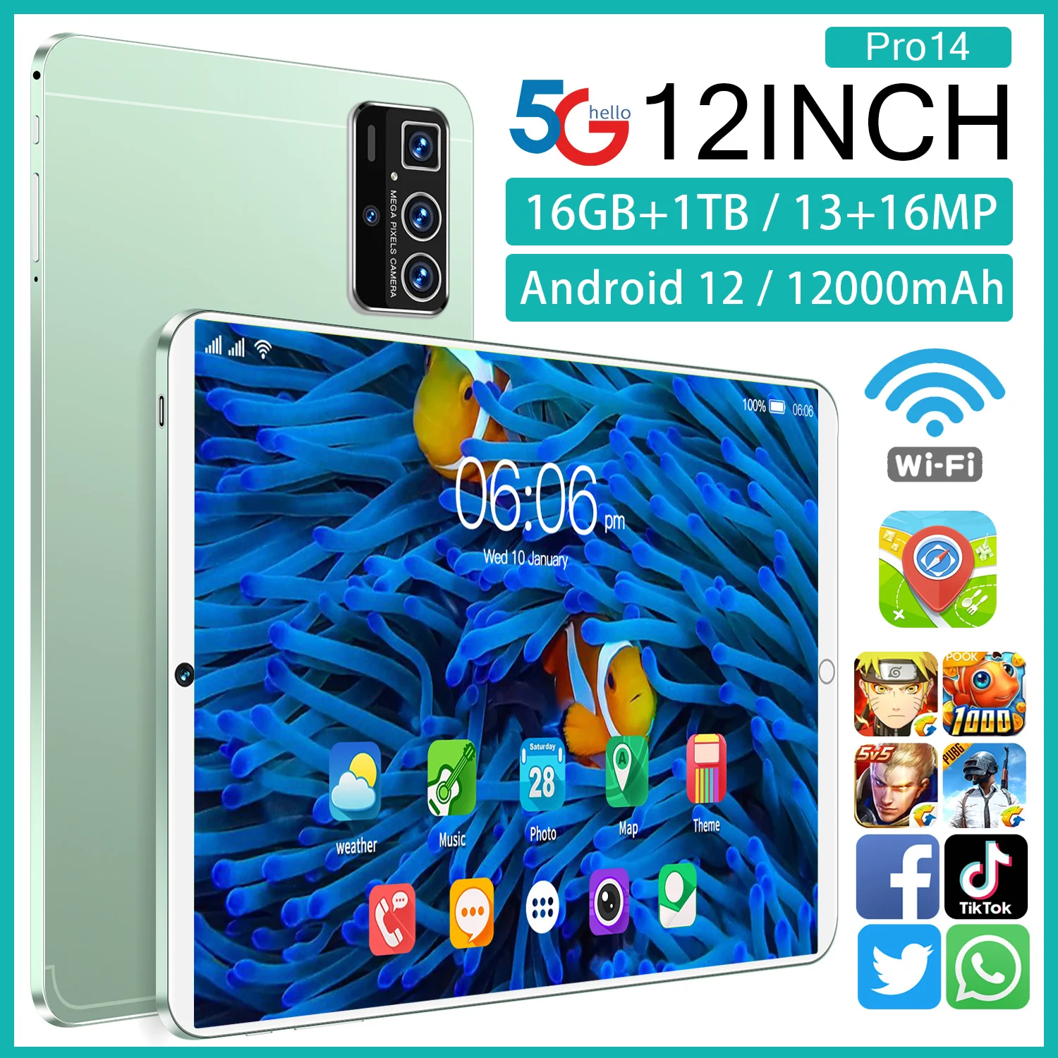 12 Inch Dual SIM Android Tablet - 16GB+1TB for Education