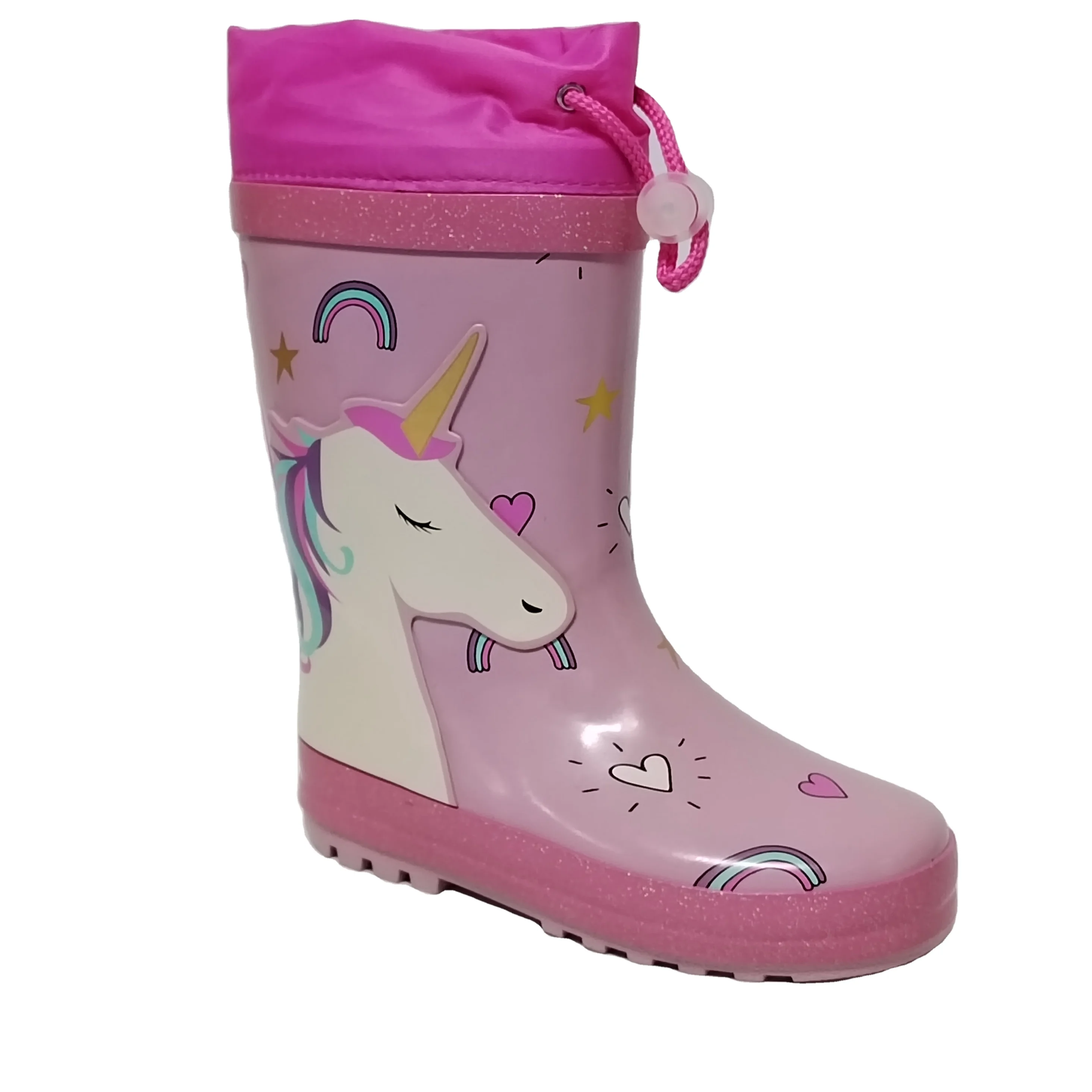 Private Label Customized Size unicorn Cartoon Characters Printed Rubber pink Children's Rain Boots with Lace up Back