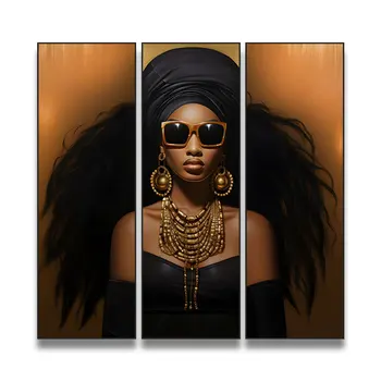3 Pieces High-definition Portrait of African Women  Wall art Fashion Golden Jewellery Print Picture Artwork Framed