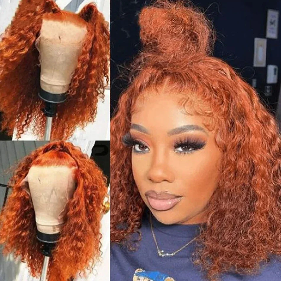 Ginger Orange 13x4 Lace Front Human Hair Wigs For Women Water Wave Curly Short Bob_voghion.com