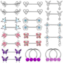 1 pair Stainless steel Piercing jewelry 14G straight rod Butterfly zircon Nipple ring Women's Sexy body jewelry nipple studs