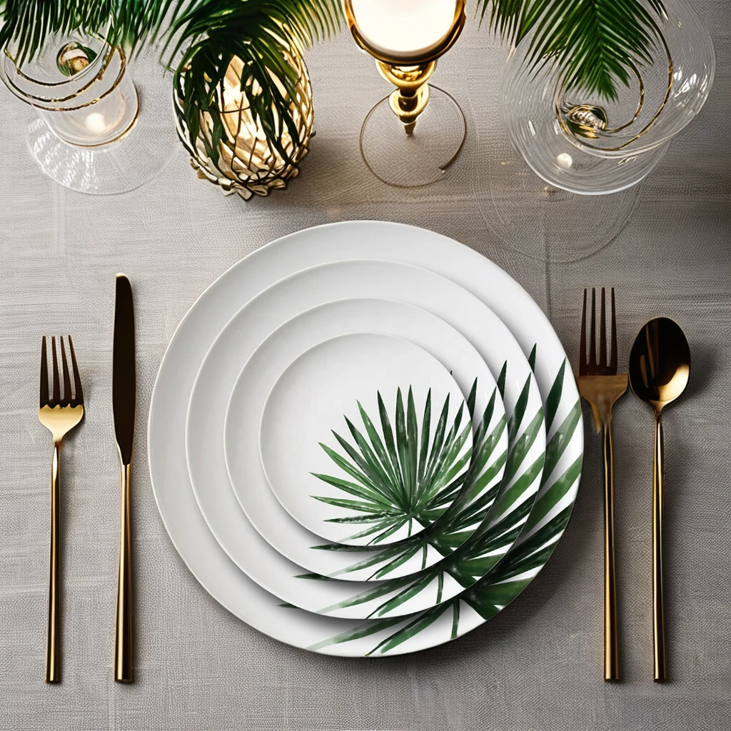 Creative Green Leaf Pattern Printed Ceramic Dinner Plates Eco-Friendly Bone China for Charger Plate for Home and Wedding Use