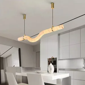 Modern Simple Natural Marble Chandelier Designer Creative Light Luxury Adjustable Height for Villa Restaurant Bar Long Copper