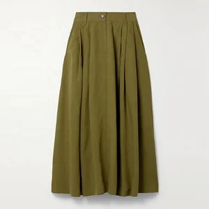 Clothing Manufacturer Custom Spring Autumn Army Green High Waist Elegant Casual Women Cotton Midi Skirt