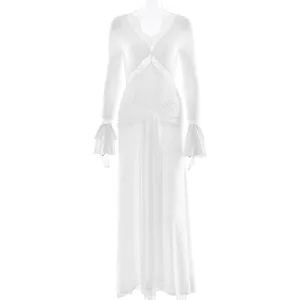 Luxury-clothing New Solid Color Lace-up Women's Dress Long Sleeved V-Neck Chest Hugging Tight Temperament Long Dress