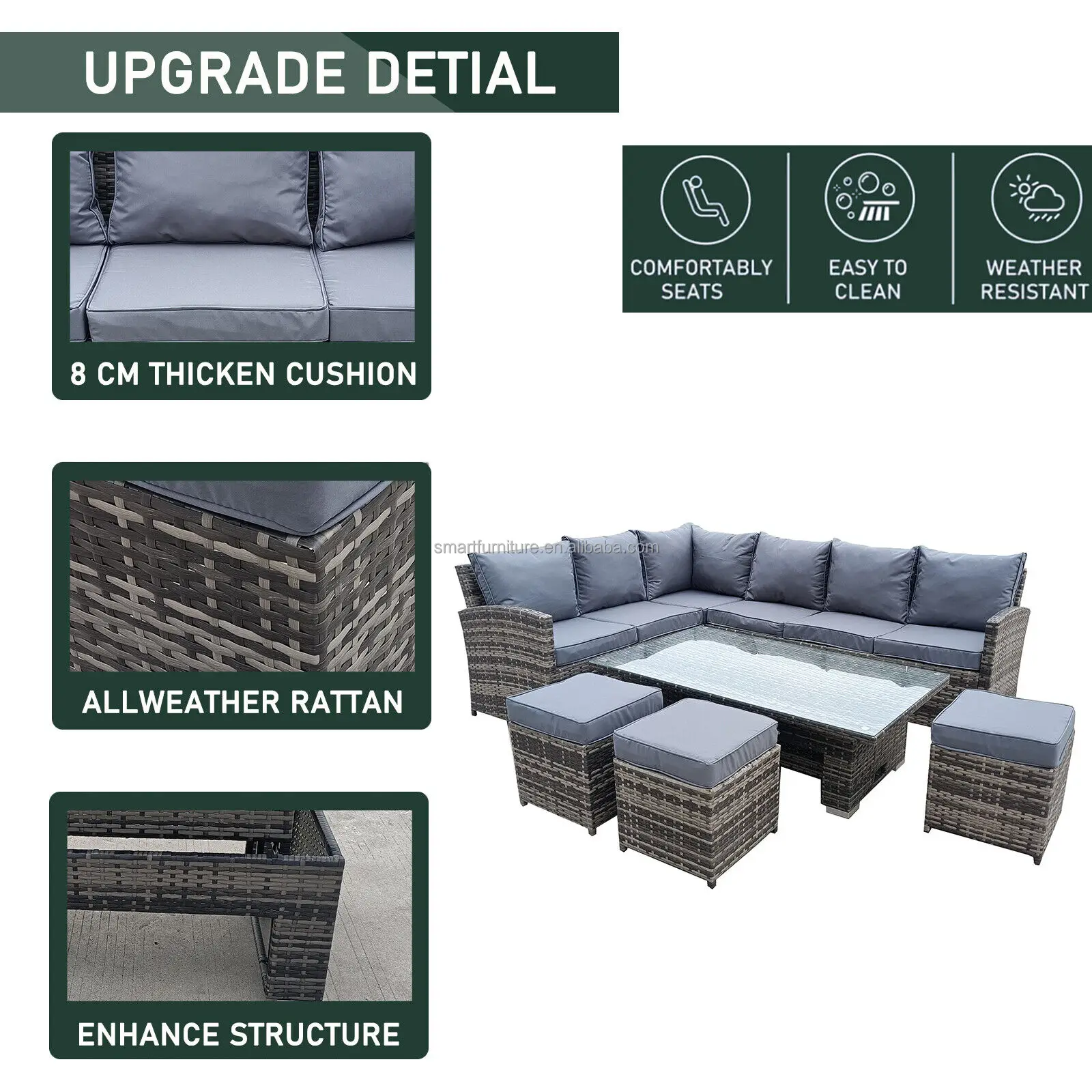 9 Seater Rattan Garden Furniture Corner Set With Height Adjustable ...