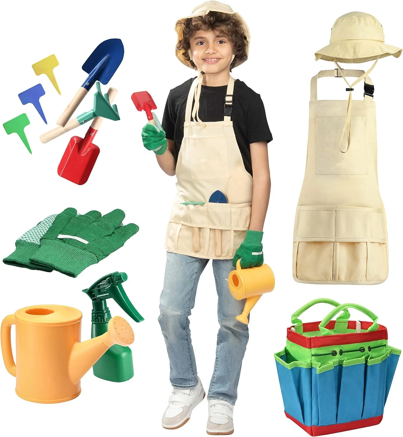 Kids Garden Tools Set Hand and Equipment Kit with Apron Gloves Shovel Fork Rake Mini Toy